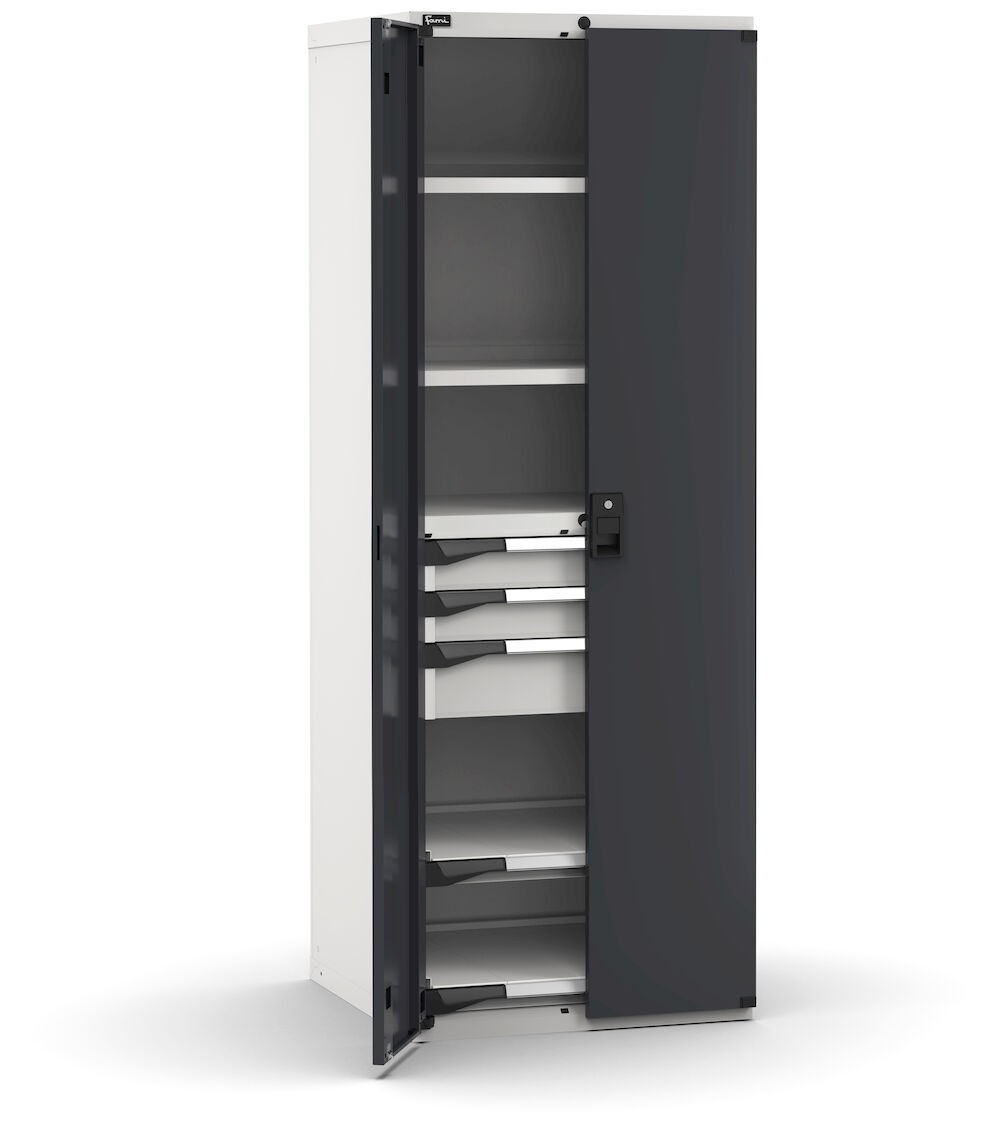 Armadio con porte, 3 cassetti a estrazione telescopica, 2 piani regolabili e 2 estraibili, L714 x P726 x H1200 mm