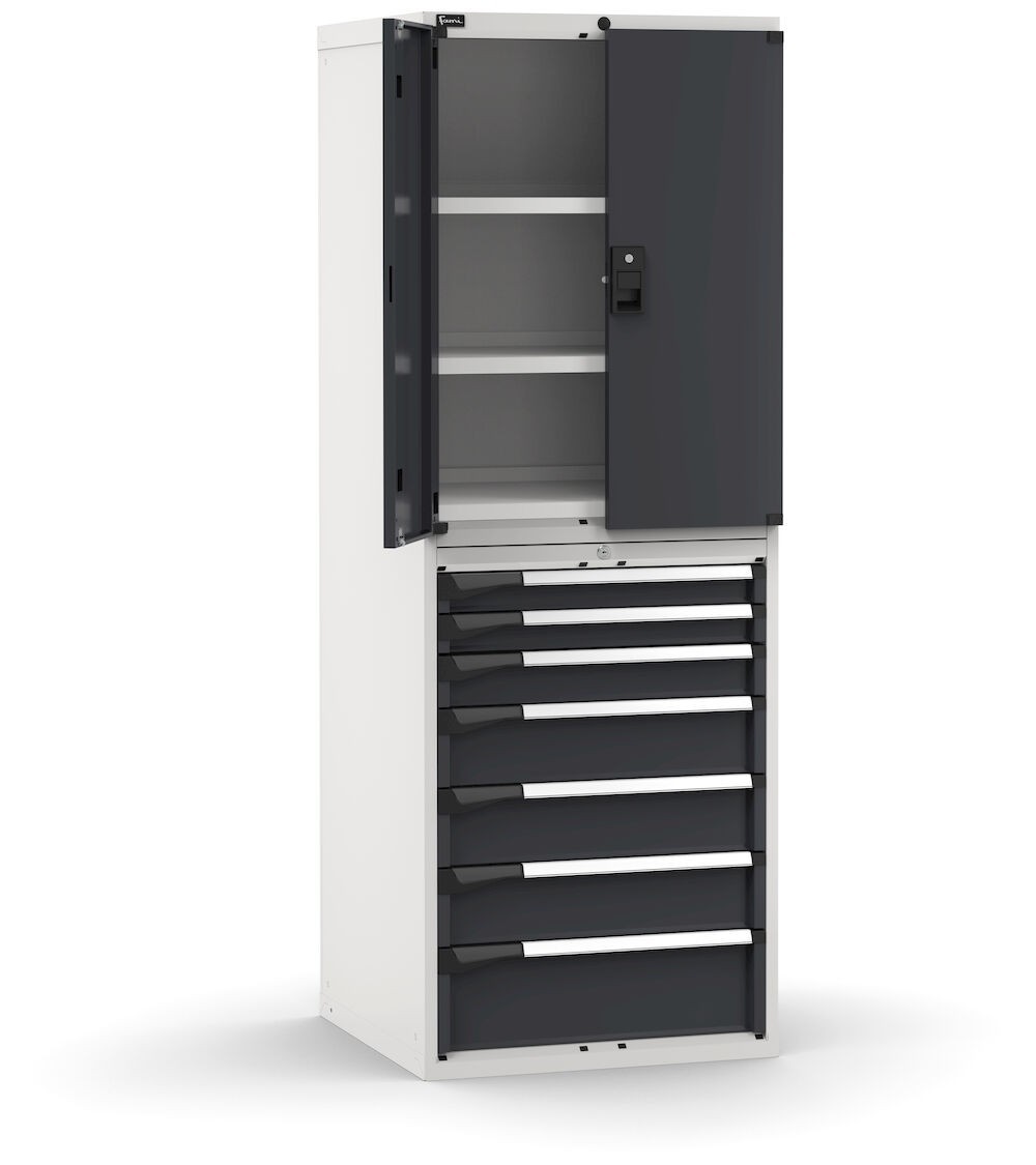 Armadio portautensili con porte, 7 cassetti e 3 piani regolabili, L714 x P726 x H12000 mm