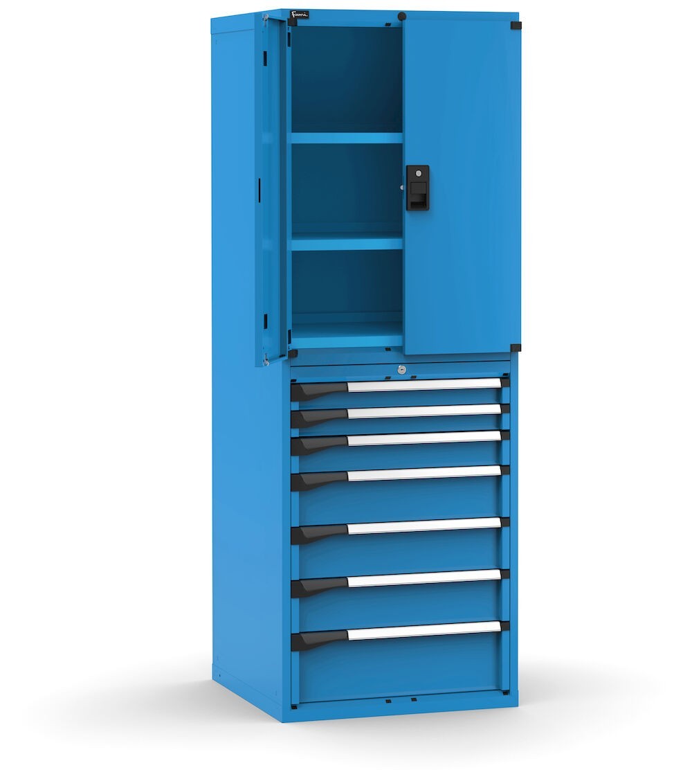 Armadio portautensili con porte, 7 cassetti e 3 piani regolabili, L714 x P726 x H12000 mm