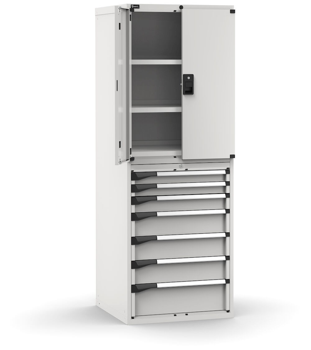 Armadio portautensili con porte, 7 cassetti e 3 piani regolabili, L714 x P726 x H12000 mm