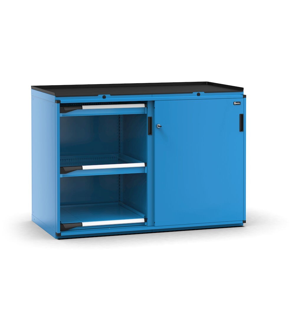 Armadietto portautensili con 2 ante scorrevoli, 4 cassetti, 2 piani estraibili, L714 x P726 x H1022 mm