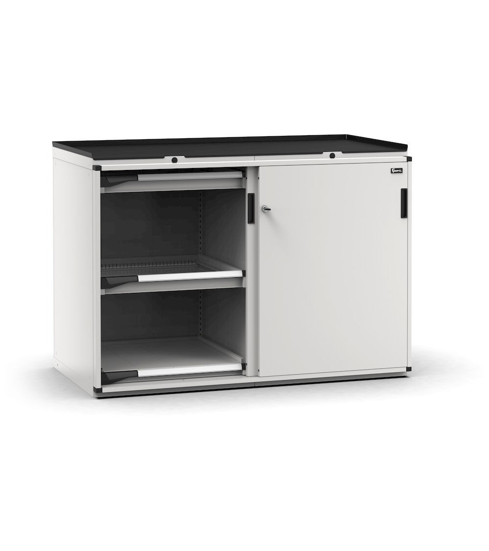 Armadietto portautensili con 2 ante scorrevoli, 4 cassetti, 2 piani estraibili, L714 x P726 x H1022 mm