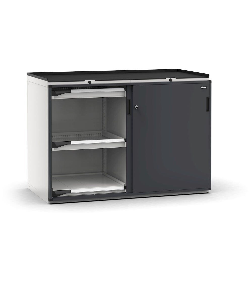 Armadietto portautensili con 2 ante scorrevoli, 4 cassetti, 2 piani estraibili, L714 x P726 x H1022 mm