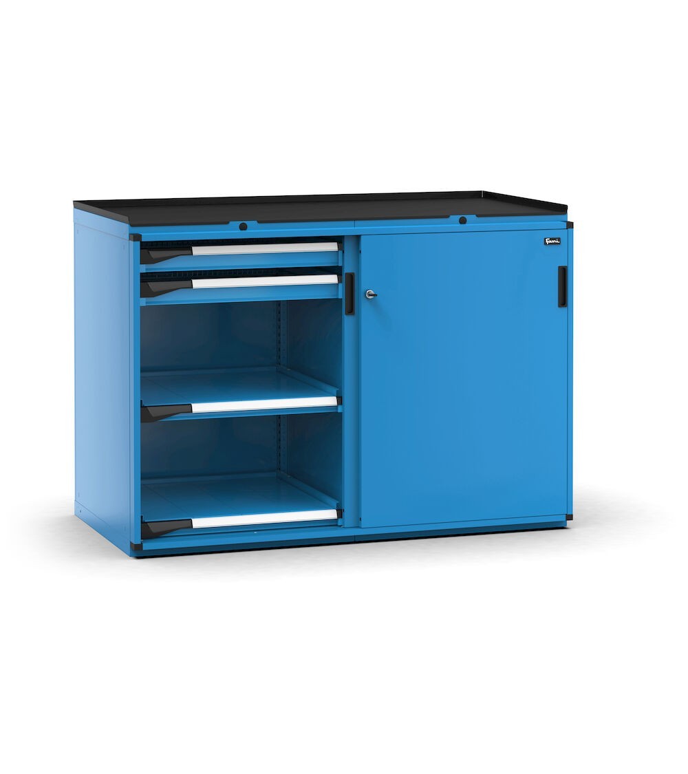 Armadietto portautensili con 2 ante scorrevoli, 4 cassetti, 4 piani estraibili, L714 x P726 x H1022 mm