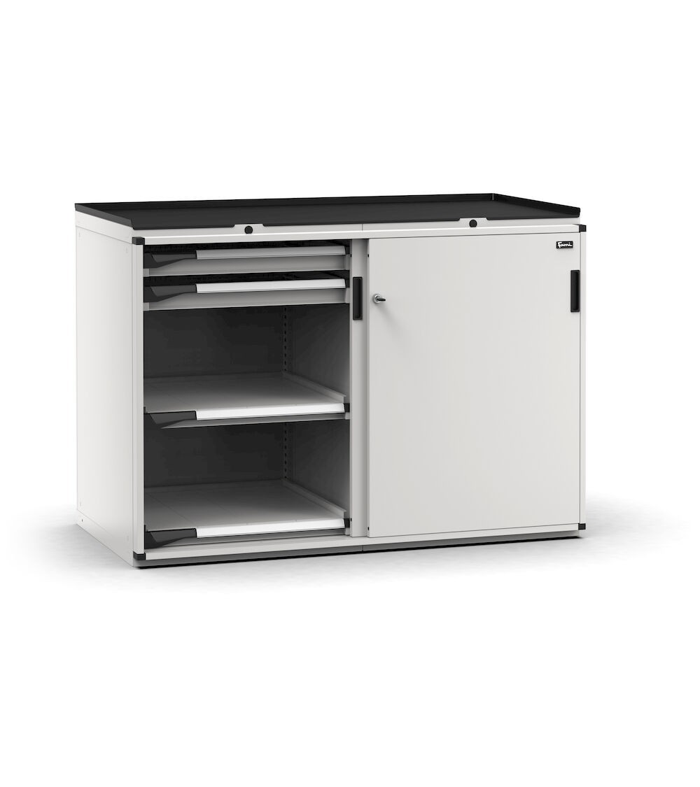 Armadietto portautensili con 2 ante scorrevoli, 4 cassetti, 4 piani estraibili, L714 x P726 x H1022 mm