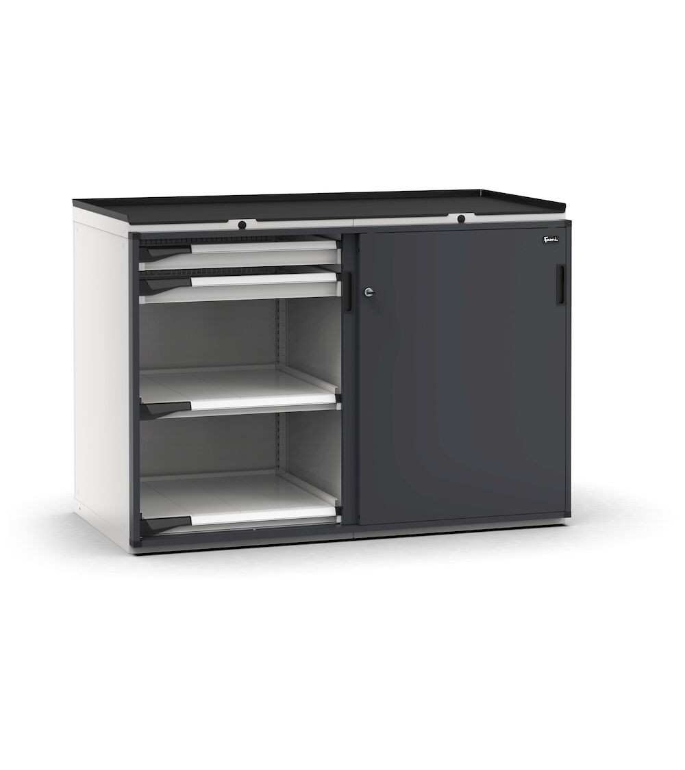 Armadietto portautensili con 2 ante scorrevoli, 4 cassetti, 4 piani estraibili, L714 x P726 x H1022 mm