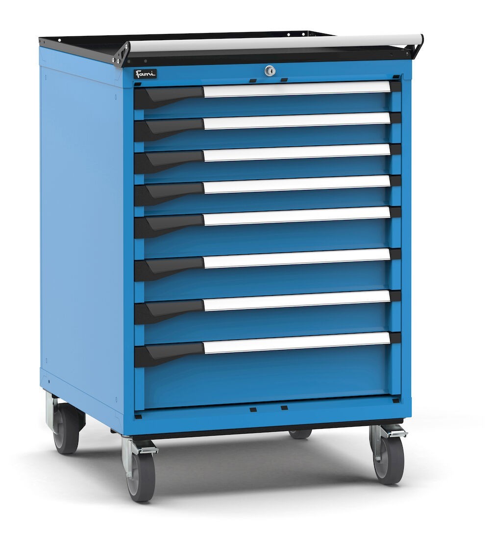 Cassettiera porta attrezzi con ruote, 8 cassetti 4x75 3x100 1x150, L714 x P726 x H1072 mm