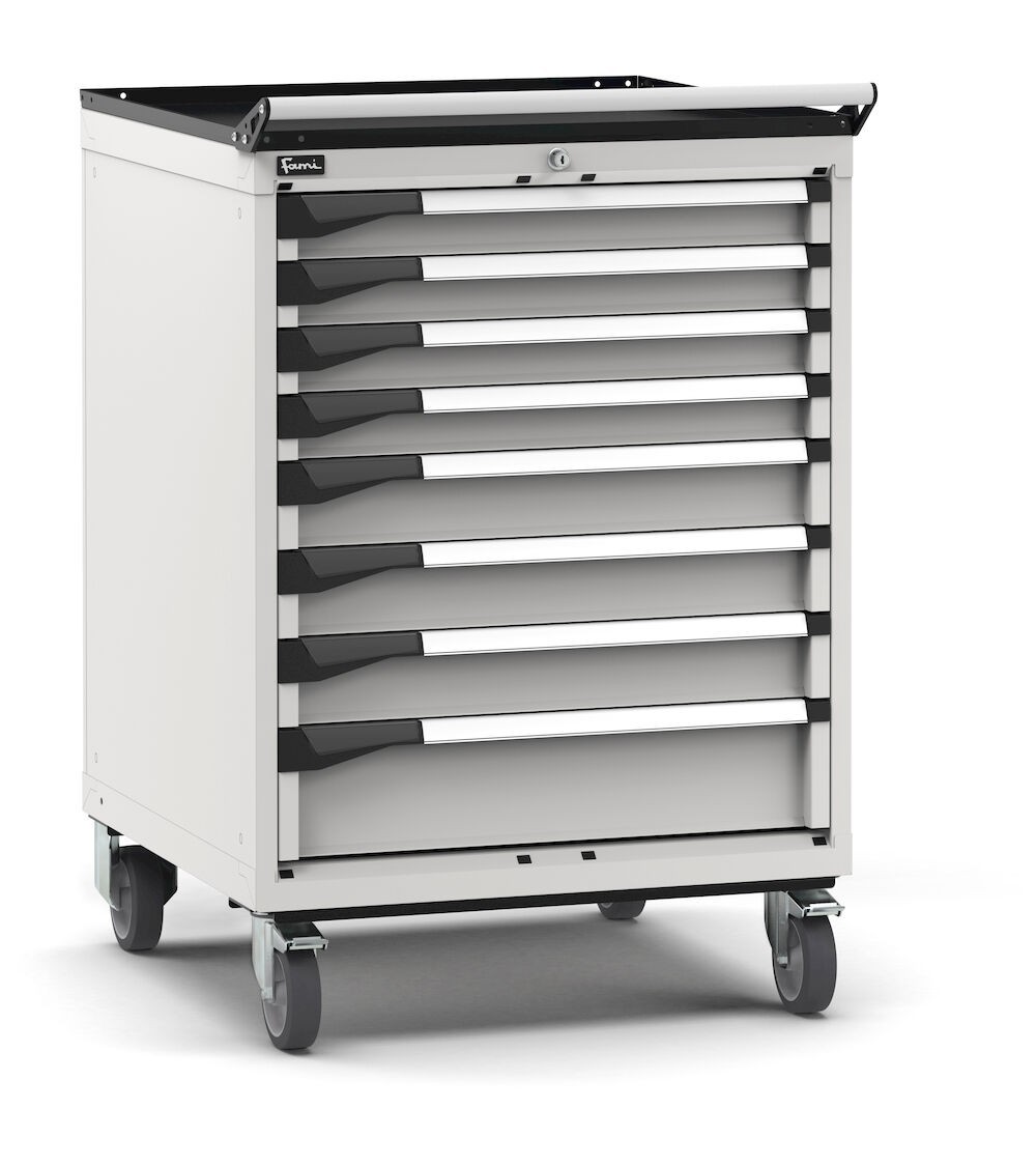 Cassettiera porta attrezzi con ruote, 8 cassetti 4x75 3x100 1x150, L714 x P726 x H1072 mm