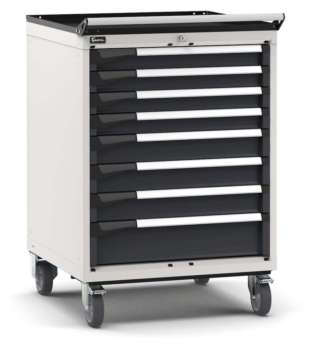 Cassettiera porta attrezzi con ruote, 8 cassetti 4x75 3x100 1x150, L714 x P726 x H1072 mm