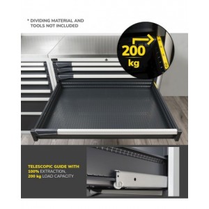 Blocco cassettiera da banco, 7 cassetti 1x50 2x75 2x100 1x150 1x200, L1020 x P726 x H850 mm