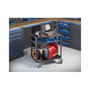 Arredo officina con armadi con 1 anta, carrello a 3 piani e contenitori, misure L2128 x P495 x H1900 mm