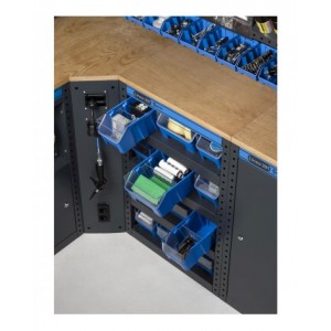 Arredo officina con armadi con 1 anta, carrello a 3 piani e contenitori, misure L2128 x P495 x H1900 mm