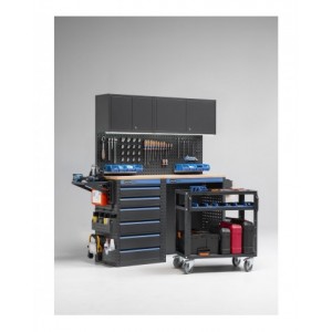 Arredo officina con cassettiera e carrello a 3 piani, L1520 x P495 x H1900 mm