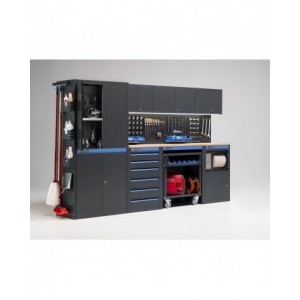Arredo officina con armadi a due ante, cassettiera, carrello e modulo di servizio, L3040 x P495 x H1900 mm