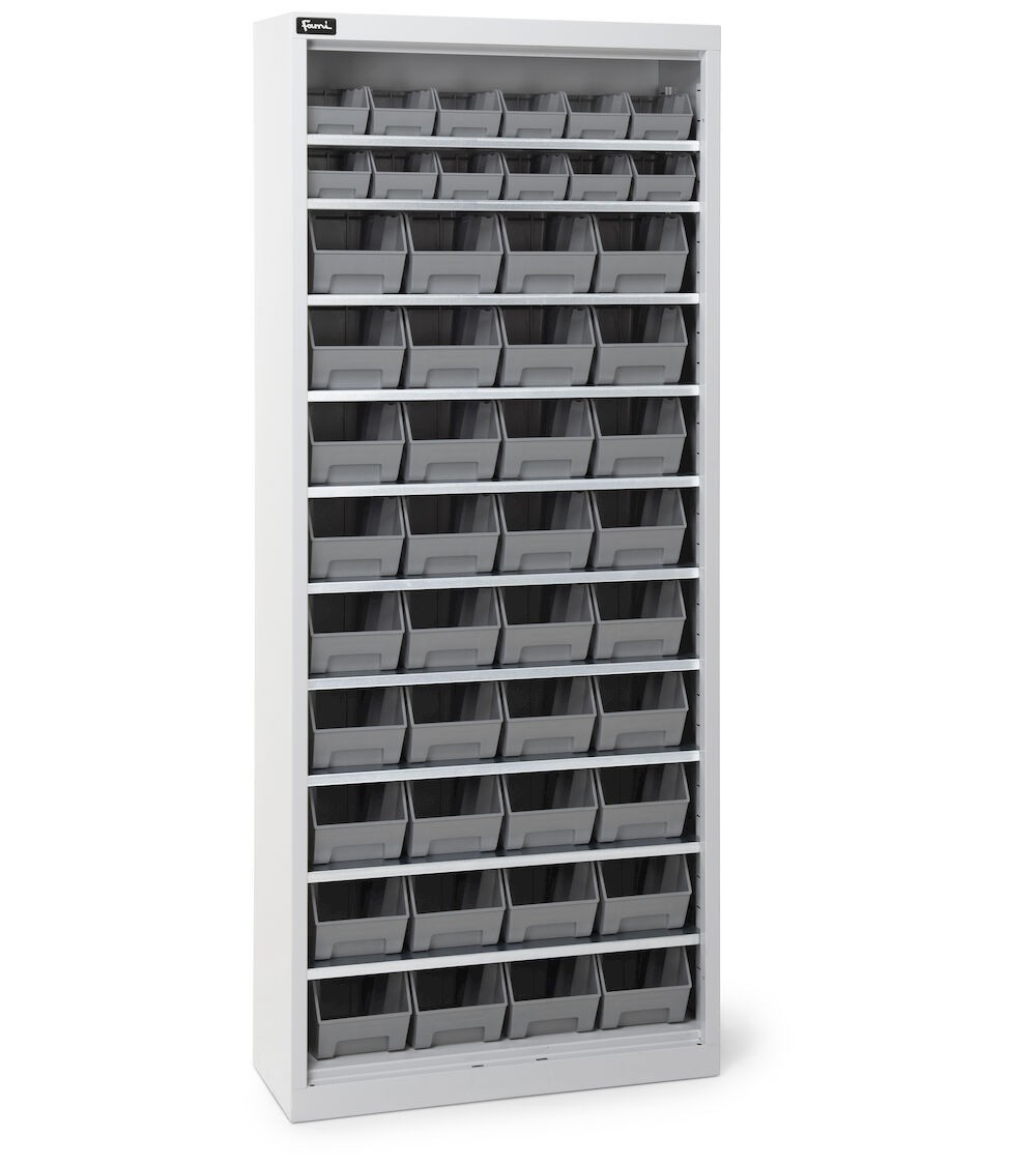 Armadio portacontenitori senza porte a battente, 10 piani e 48 contenitori Picking Box Air mis. 1/2, H 1651 mm, grigio chiaro