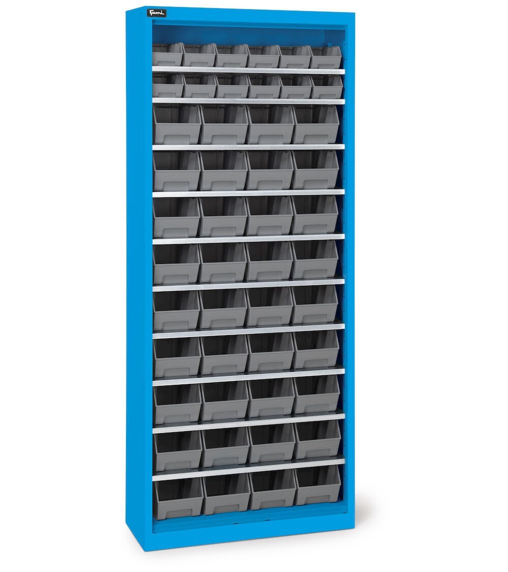 Armadio portacontenitori senza porte a battente, 10 piani e 48 contenitori Picking Box Air mis. 1/2, H 1651 mm, blu
