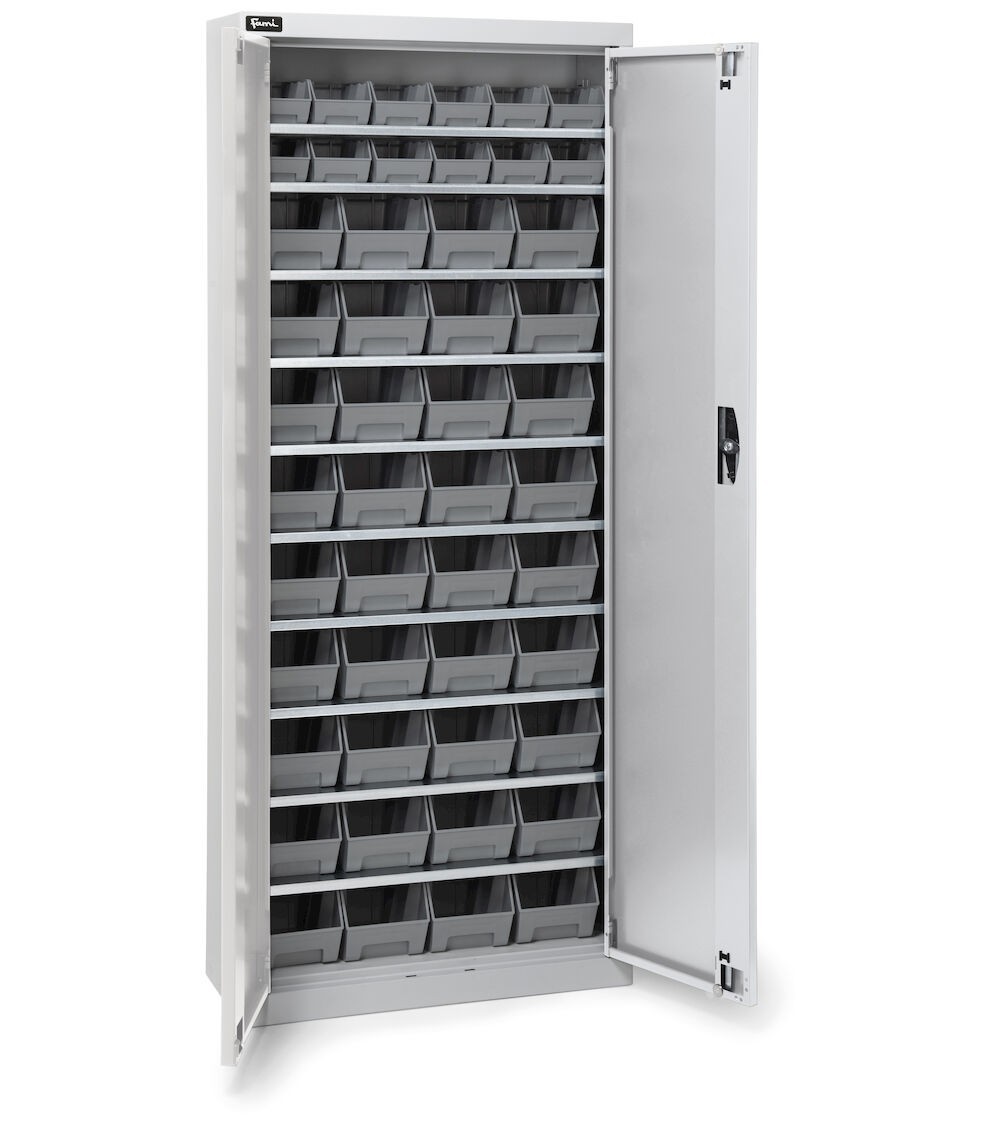 Armadio portacontenitori con porte a battente, 10 piani e 48 contenitori Picking Box Air mis. 1/2, H 1651 mm, grigio chiaro