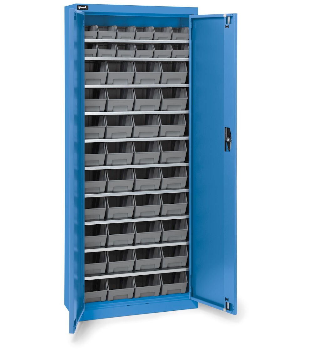 Armadio portacontenitori con porte a battente, 10 piani e 48 contenitori Picking Box Air mis. 1/2, H 1651 mm, blu