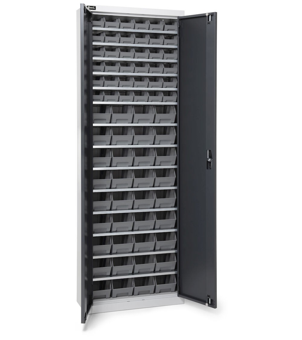 Armadio portacontenitori a battente, 14 piani e 72 contenitori Picking Box Air mis. 1/2, H 1651 mm, grigio chiaro e antracite