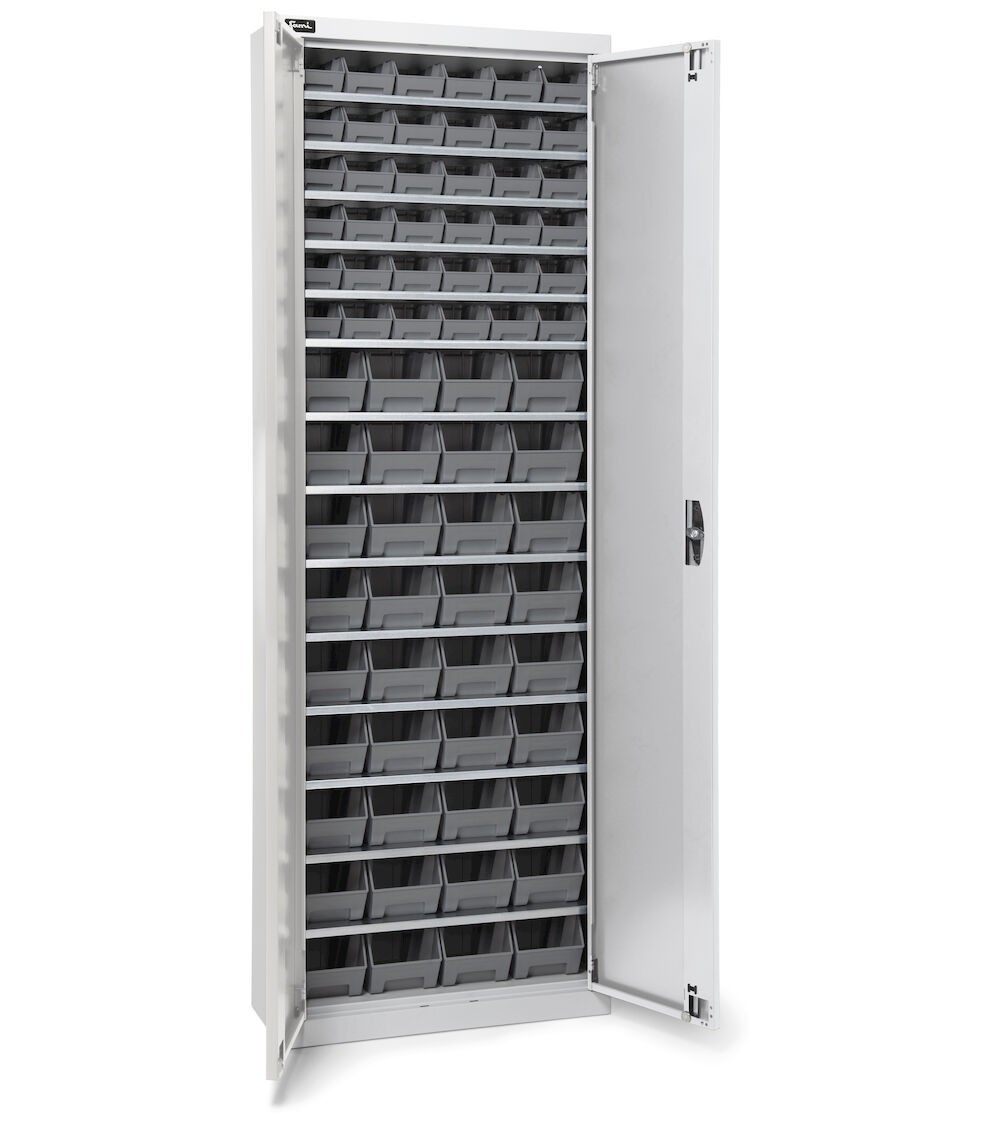 Armadio portacontenitori a battente, 14 piani e 72 contenitori Picking Box Air mis. 1/2, H 1651 mm, grigio chiaro