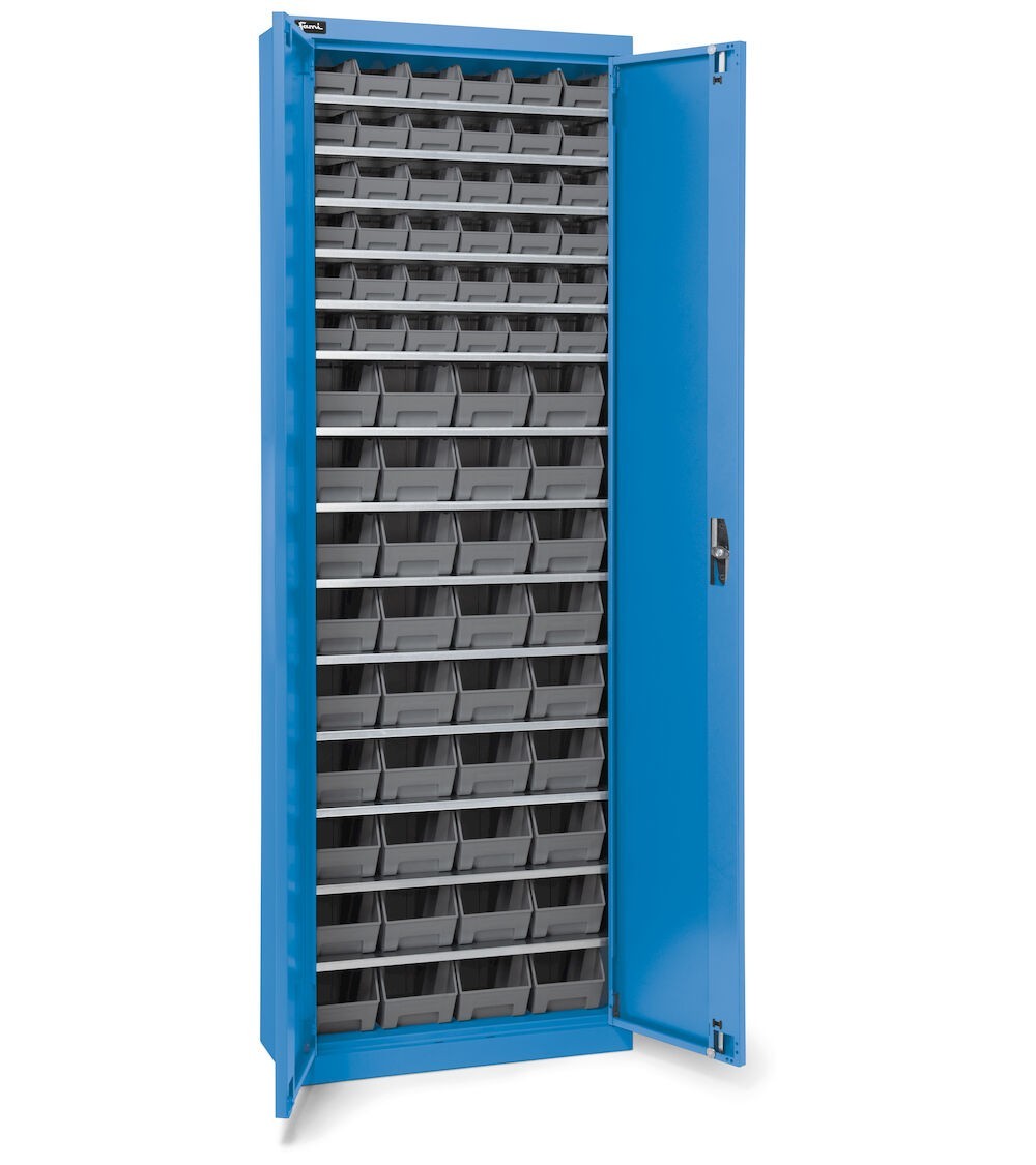 Armadio portacontenitori a battente, 14 piani e 72 contenitori Picking Box Air mis. 1/2, H 1651 mm, blu