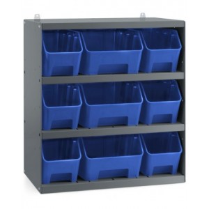 Scaffale a 4 ripiani grigio scuro con 9 contenitori RK Box Air blu cielo, L496 x P304 x H546 mm