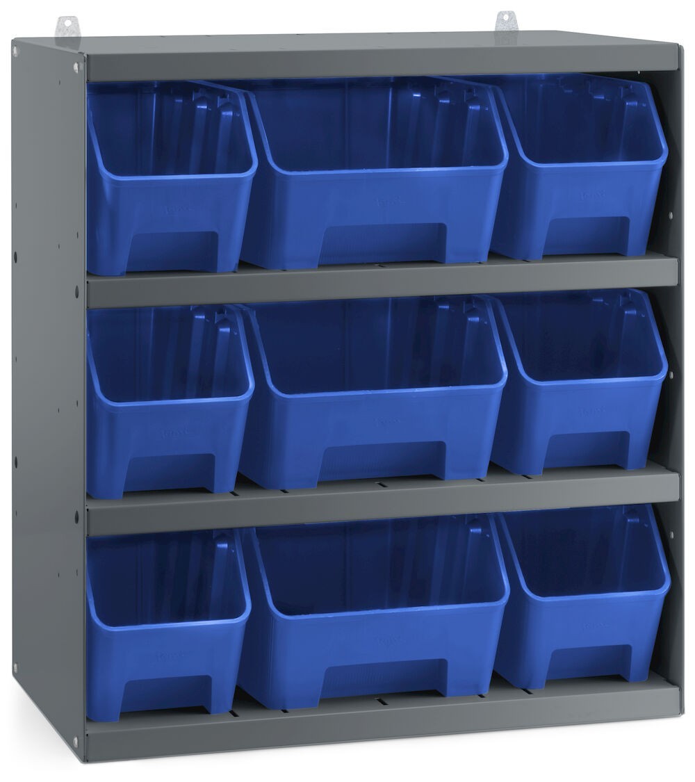 Scaffale a 4 ripiani grigio scuro con 9 contenitori RK Box Air blu cielo, L496 x P304 x H546 mm