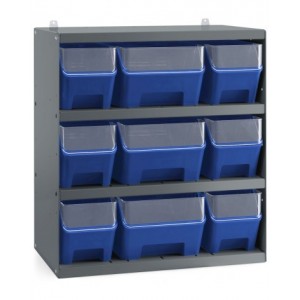 Scaffale a 4 ripiani grigio scuro con 9 contenitori RK Box Air blu cielo con divisori e frontalini, L496 x P304 x H546 mm