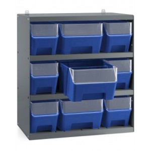 Scaffale a 4 ripiani grigio scuro con 9 contenitori RK Box Air blu cielo con divisori e frontalini, L496 x P304 x H546 mm