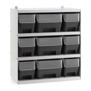 Scaffale a 4 ripiani grigio chiaro con 9 contenitori RK Box Air antracite con divisori e frontalini , L496 x P304 x H546 mm