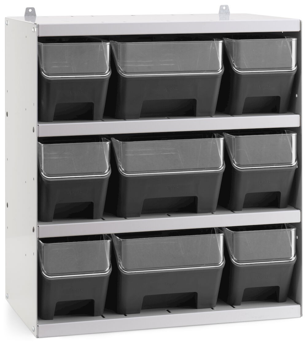 Scaffale a 4 ripiani grigio chiaro con 9 contenitori RK Box Air antracite con divisori e frontalini , L496 x P304 x H546 mm