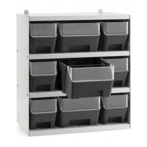 Scaffale a 4 ripiani grigio chiaro con 9 contenitori RK Box Air antracite con divisori e frontalini , L496 x P304 x H546 mm