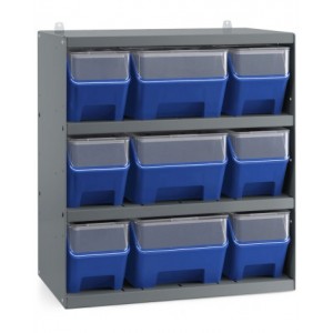 Scaffale a 4 ripiani grigio scuro con 9 contenitori RK Box Air blu cielo con coperchi e frontalini, L496 x P304 x H546 mm