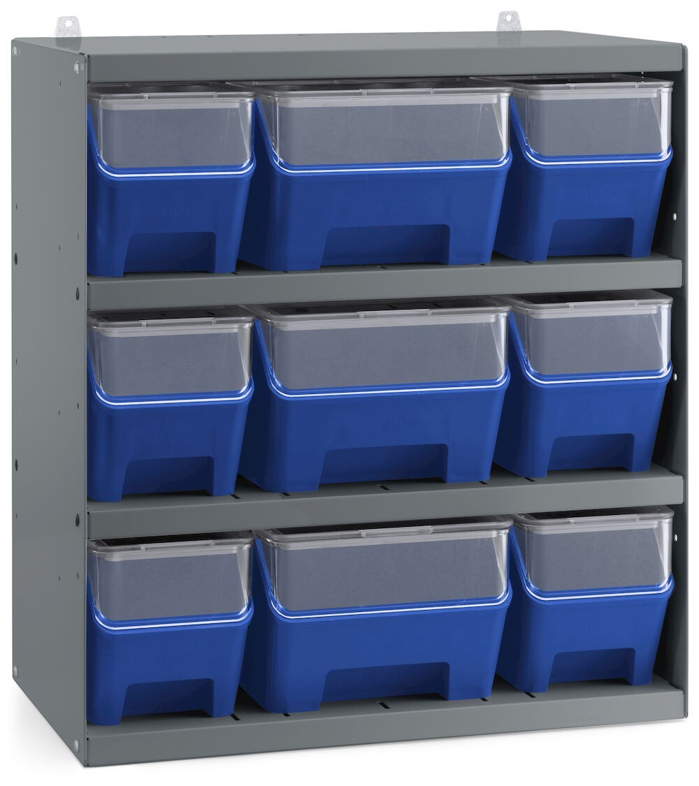 Scaffale a 4 ripiani grigio scuro con 9 contenitori RK Box Air blu cielo con coperchi e frontalini, L496 x P304 x H546 mm