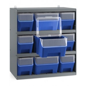 Scaffale a 4 ripiani grigio scuro con 9 contenitori RK Box Air blu cielo con coperchi e frontalini, L496 x P304 x H546 mm