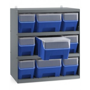 Scaffale a 4 ripiani grigio scuro con 9 contenitori RK Box Air blu cielo con coperchi e frontalini, L496 x P304 x H546 mm
