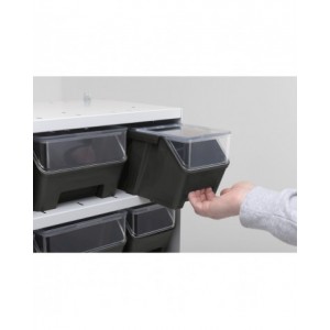 Scaffale a 4 ripiani grigio scuro con 9 contenitori RK Box Air blu cielo con coperchi e frontalini, L496 x P304 x H546 mm