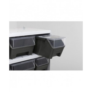 Scaffale a 4 ripiani grigio scuro con 9 contenitori RK Box Air blu cielo con coperchi e frontalini, L496 x P304 x H546 mm