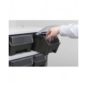 Scaffale a 4 ripiani grigio scuro con 9 contenitori RK Box Air blu cielo con coperchi e frontalini, L496 x P304 x H546 mm