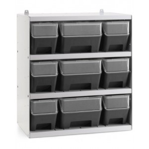 Scaffale a 4 ripiani grigio chiaro con 9 contenitori RK Box Air antracite con coperchi e frontalini , L496 x P304 x H546 mm