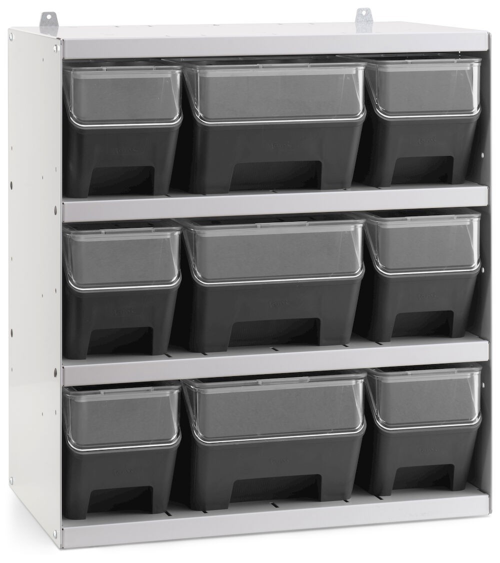 Scaffale a 4 ripiani grigio chiaro con 9 contenitori RK Box Air antracite con coperchi e frontalini , L496 x P304 x H546 mm