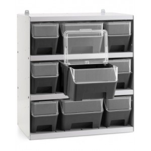 Scaffale a 4 ripiani grigio chiaro con 9 contenitori RK Box Air antracite con coperchi e frontalini , L496 x P304 x H546 mm