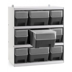 Scaffale a 4 ripiani grigio chiaro con 9 contenitori RK Box Air antracite con coperchi e frontalini , L496 x P304 x H546 mm