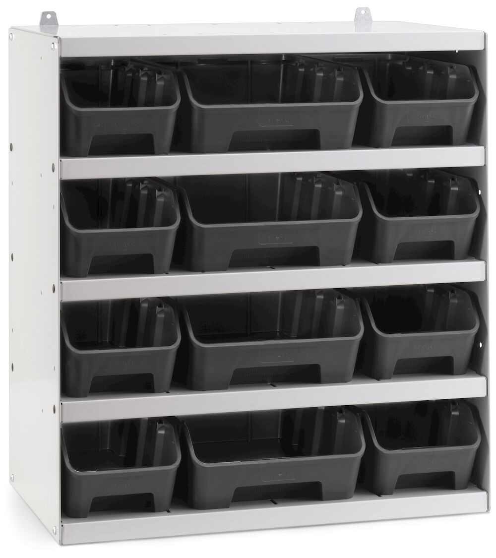 Scaffale a 5 ripiani grigio chiaro con 12 cassette RK Box grigio, L496 x P304 x H546 mm