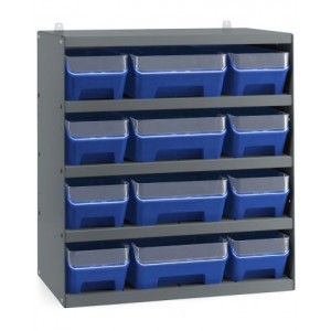 Scaffale a 5 ripiani grigio scuro con 12 contenitori RK Box Air blu cielo con divisori e frontalini, L496 x P304 x H546 mm