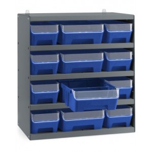 Scaffale a 5 ripiani grigio scuro con 12 contenitori RK Box Air blu cielo con divisori e frontalini, L496 x P304 x H546 mm