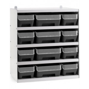 Scaffale a 5 ripiani grigio chiaro con 12 contenitori RK Box Air antracite con divisori e frontalini, L496 x P304 x H546 mm