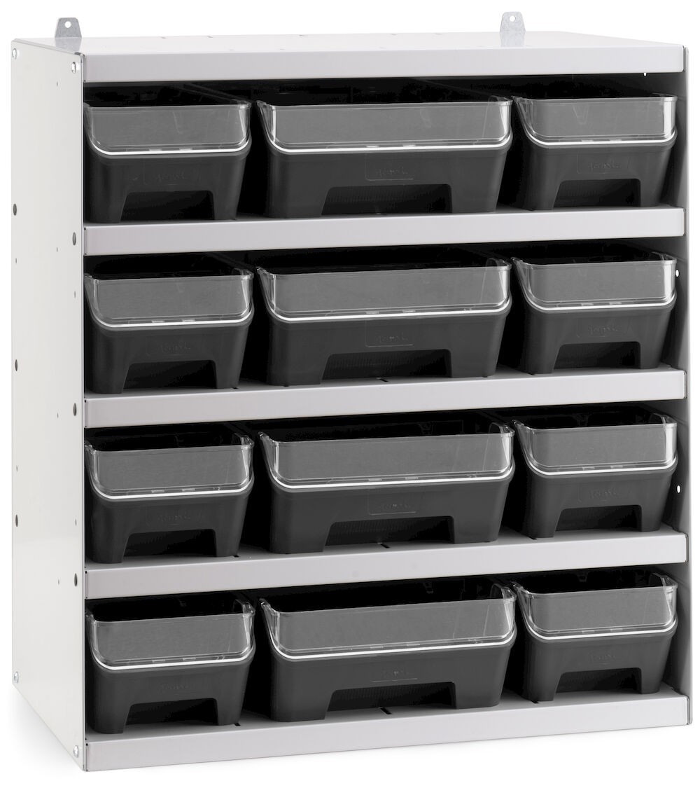 Scaffale a 5 ripiani grigio chiaro con 12 contenitori RK Box Air antracite con divisori e frontalini, L496 x P304 x H546 mm