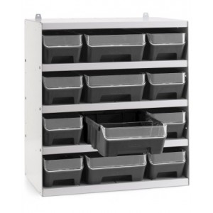 Scaffale a 5 ripiani grigio chiaro con 12 contenitori RK Box Air antracite con divisori e frontalini, L496 x P304 x H546 mm