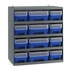 Scaffale a 5 ripiani grigio scuro con 12 contenitori RK Box Air blu cielo con coperchi e frontalini, L496 x P304 x H546 mm